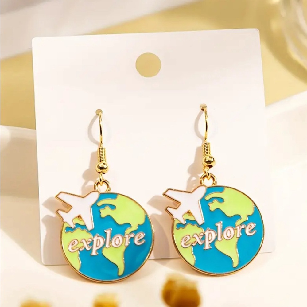 Globe Explore Travel Dangle Drop Earrings Metal, Travel Agent, Flight Attendant